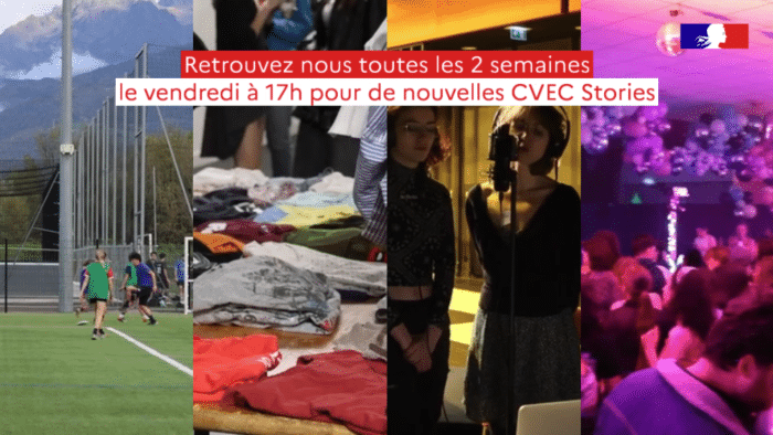 Qu'est-ce qu'une CVEC Stories ? - CVEC Stories 1 Image des actions menées par le Crous grâce à la CVEC. Une image sportive, sociale, culturelle et conviviale. Avec un texte : "Retrouvez nous toutes les 2 semaines le vendredi à 17h pour de nouvelles CVEC Stories"