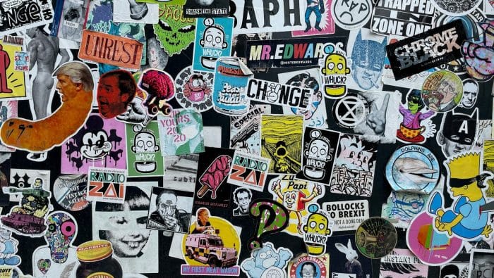 a wall full of stickers
